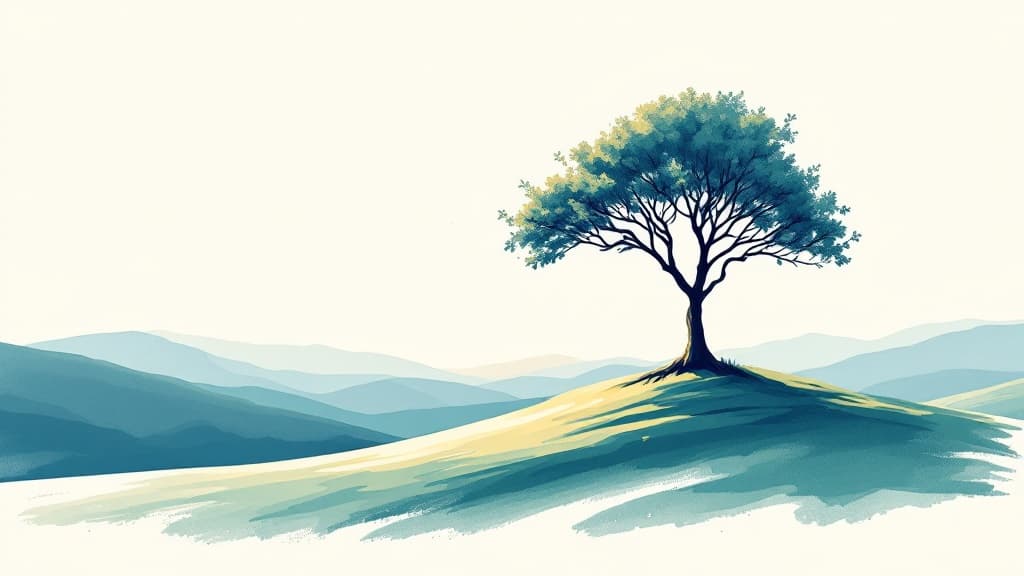 Illustration eines einzelnen Baums auf einem Hügel im Morgenlicht — Sinnbild für Wachstum und Stabilität beim Aufbau einer Praxis